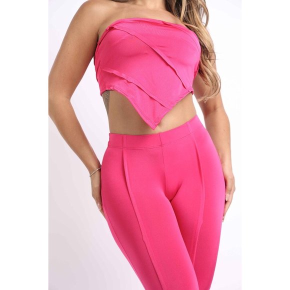 Women's Handkerchief Tube Top and Matching Asymmetrical Hem Pants Pink XS-3X - Picture 2 of 12